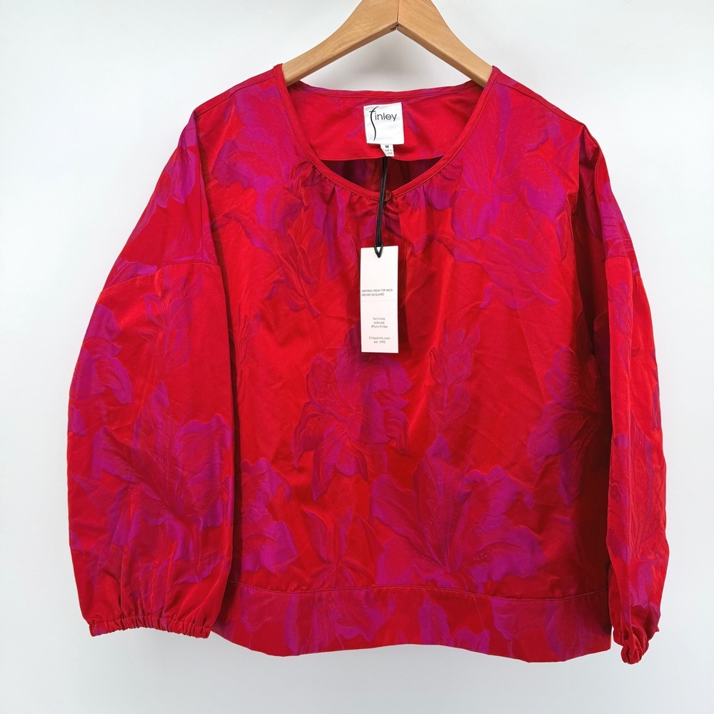 Finley Women M Red Pink Orchid Jacquard Crew Neck Long Sleeve Blouse Top NEW